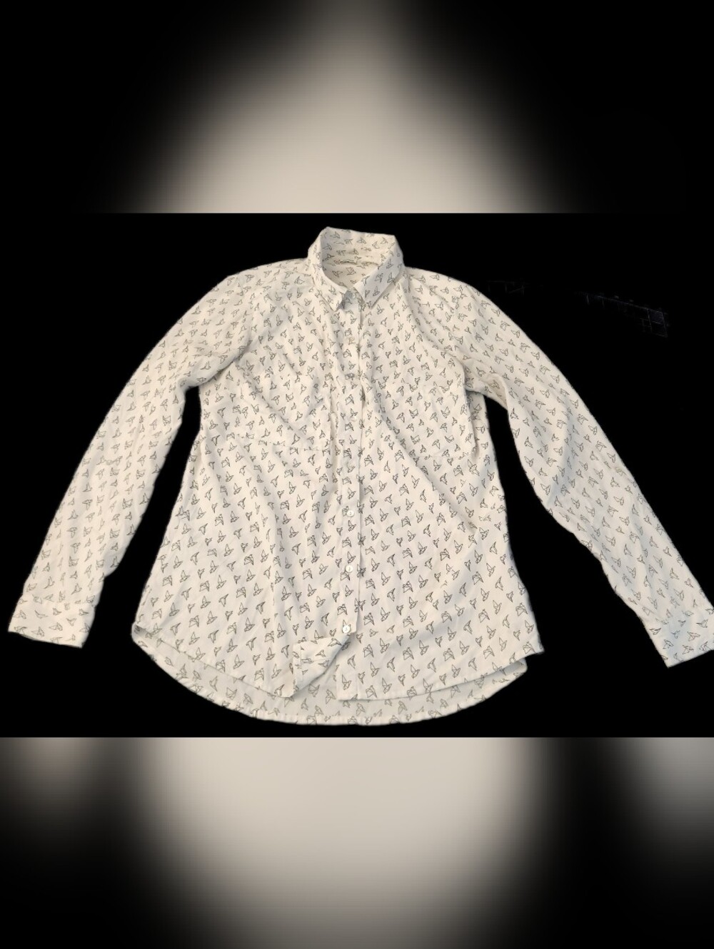 #MC28 Men's White Button-Up Shirt with Subtle Black Origami Print